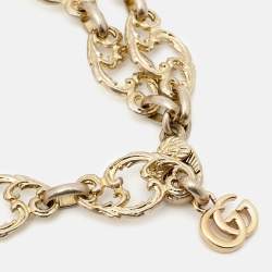 Pre Owned Gucci Lion Head Crystals Resin Antique Finish Gold Tone Necklace