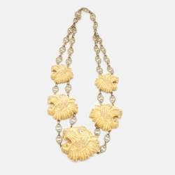 Pre Owned Gucci Lion Head Crystals Resin Antique Finish Gold Tone Necklace
