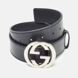 Gucci Black Leather Interlocking G Buckle Belt 85 CM