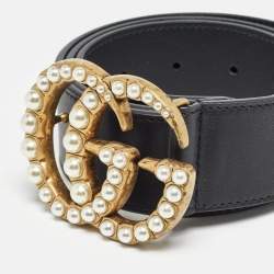 Pre Owned Gucci Black Leather Pearl Double G Buckle Belt 80 CM