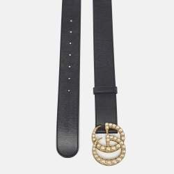 Pre Owned Gucci Black Leather Pearl Double G Buckle Belt 80 CM