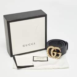 Pre Owned Gucci Black Leather Pearl Double G Buckle Belt 80 CM