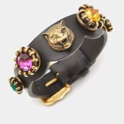 Gucci Feline Crystals Gold Tone Leather Bracelet