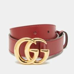 Pre Owned Gucci Red Leather GG Marmont Buckle Belt 70 CM