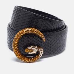 Pre Owned Gucci Black Snakeskin Embossed Leather G Serpent Buckle Belt 80CM