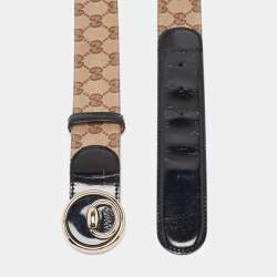 Pre Owned Gucci Black/Beige GG Canvas and Patent Leather Full Moon Belt 85CM