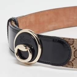 Pre Owned Gucci Black/Beige GG Canvas and Patent Leather Full Moon Belt 85CM
