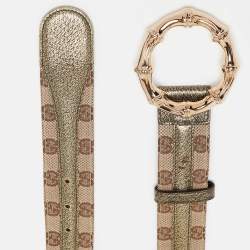 Pre Owned Gucci Beige Beige/Green GG Canvas and Leather Metal Bamboo Ring Belt 85CM