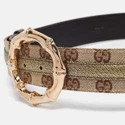 Pre Owned Gucci Beige Beige/Green GG Canvas and Leather Metal Bamboo Ring Belt 85CM