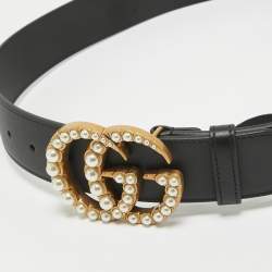 Pre Owned Gucci Black Leather Pearl Embellished GG Marmont Belt 90CM