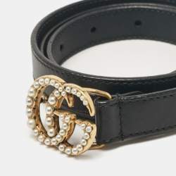 Gucci Black Leather GG Marmont Pearl Embellished Buckle Slim Belt 80 CM