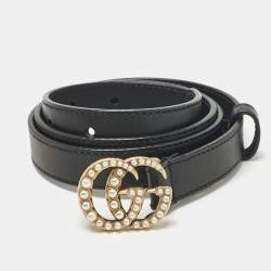 Gucci Black Leather GG Marmont Pearl Embellished Buckle Slim Belt 80 CM