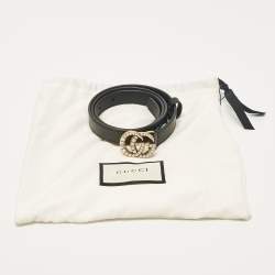 Gucci Black Leather GG Marmont Pearl Embellished Buckle Slim Belt 80 CM