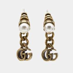 Pre Owned Gucci Double G Faux Pearl Gold Tone Earrings