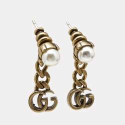 Pre Owned Gucci Double G Faux Pearl Gold Tone Earrings