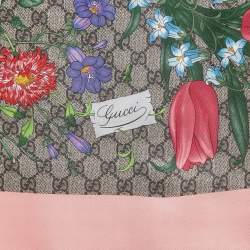 Pre Owned Gucci Brown/Pink GG Flora Print Silk Square Scarf