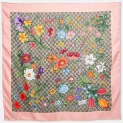 Pre Owned Gucci Brown/Pink GG Flora Print Silk Square Scarf