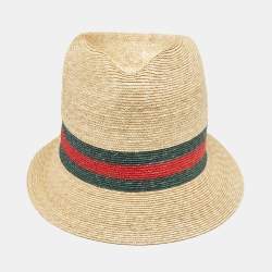 Gucci Brown Web Straw Fedora Hat 