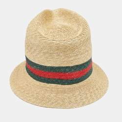 Gucci Brown Web Straw Fedora Hat 