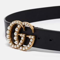 Pre Owned Gucci Black Leather GG Marmont Pearl Embellished Buckle Belt 100CM