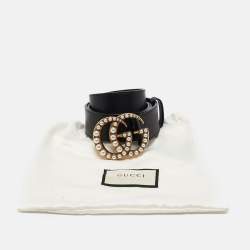 Pre Owned Gucci Black Leather GG Marmont Pearl Embellished Buckle Belt 100CM