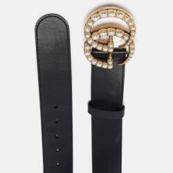Pre Owned Gucci Black Leather GG Marmont Pearl Embellished Buckle Belt 100CM