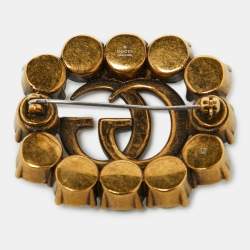 Pre Owned Gucci GG Crystals Aged Gold Tone Pin Brooch