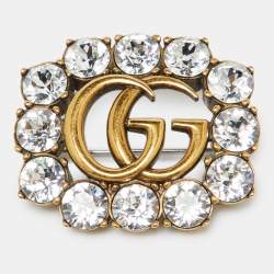 Pre Owned Gucci GG Crystals Aged Gold Tone Pin Brooch