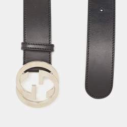 Pre Owned Gucci Black Leather Interlocking G Buckle Belt 80CM
