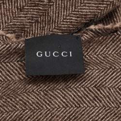 Pre Owned Gucci Brown Logo Detail Herringbone Wool Muffler