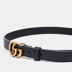 Pre Owned Gucci Black Leather GG Marmont Slim Belt 75 CM