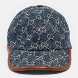Pre Owned Gucci Blue GG Supreme Jacquard Denim and Leather Baseball Cap 