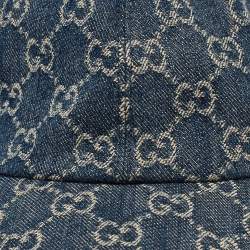 Pre Owned Gucci Blue GG Supreme Jacquard Denim and Leather Baseball Cap 