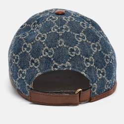 Pre Owned Gucci Blue GG Supreme Jacquard Denim and Leather Baseball Cap 