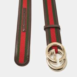 Gucci Brown Leather and Web Canvas Interlocking G Buckle Belt 80 CM