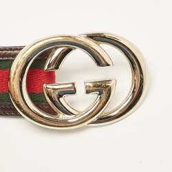 Gucci Brown Leather and Web Canvas Interlocking G Buckle Belt 80 CM