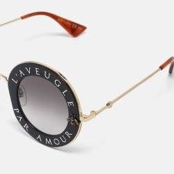 Pre Owned Gucci Black/Gold Gradient GG0113S L'aveugle Par Amour Round Sunglasses