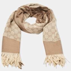 Gucci Brown GG Jacquard Cotton Blend Fringed Scarf