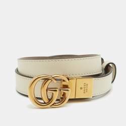 Pre Owned Gucci White/Beige Leather GG Marmont Reversible Slim Belt 80CM