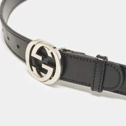 Pre Owned Gucci Black Leather Interlocking G Buckle Belt 90CM