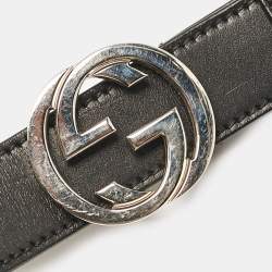 Pre Owned Gucci Black Leather Interlocking G Buckle Belt 90CM