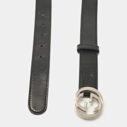 Pre Owned Gucci Black Leather Interlocking G Buckle Belt 90CM