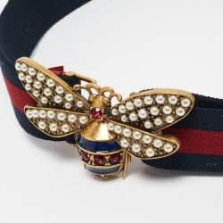 Pre Owned Gucci Navy Blue/Red Web Elastic Fabric Queen Margaret Bee Belt 85CM
