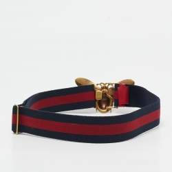 Pre Owned Gucci Navy Blue/Red Web Elastic Fabric Queen Margaret Bee Belt 85CM
