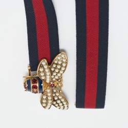Pre Owned Gucci Navy Blue/Red Web Elastic Fabric Queen Margaret Bee Belt 85CM