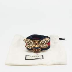 Pre Owned Gucci Navy Blue/Red Web Elastic Fabric Queen Margaret Bee Belt 85CM