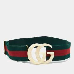 Pre Owned Gucci Green/Red Stretch Web Plexi Double G Buckle Belt 85 CM