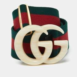 Pre Owned Gucci Green/Red Stretch Web Plexi Double G Buckle Belt 85 CM