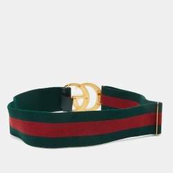 Pre Owned Gucci Green/Red Stretch Web Plexi Double G Buckle Belt 85 CM