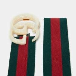 Pre Owned Gucci Green/Red Stretch Web Plexi Double G Buckle Belt 85 CM